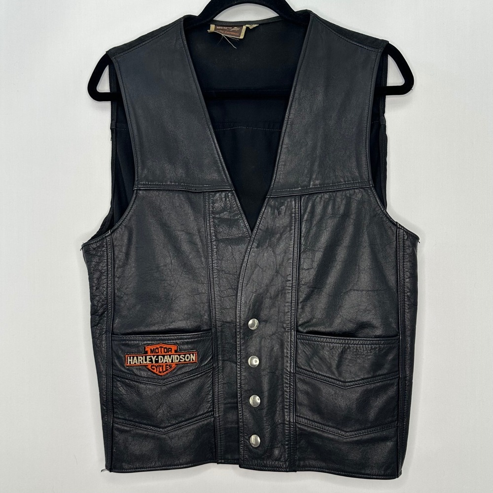 Vintage 70s AMF Harley-Davidson Leather Biker Vest Men M Canvas Patch Bar Shield